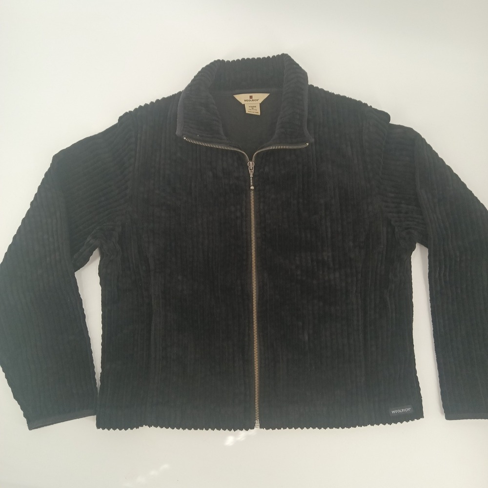 Woolrich Womens‎ M Petite Black Corduroy Full Zip Mock Neck Cotton Jacket 2090